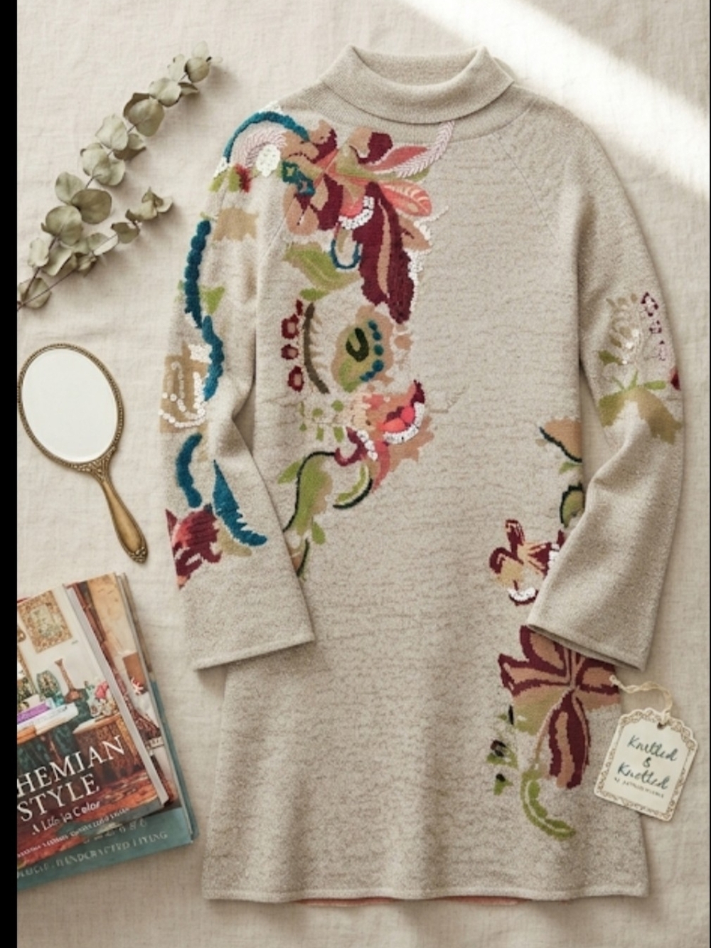 Anthropologie Knitted & Knotted Embroidered Petals Swing Sweater Dress - Size S